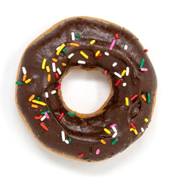 A Daddy Donut chocolate donut with colorful sprinkles on a white background.