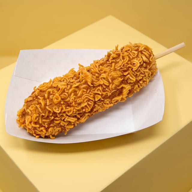Crispy Ramen Half & Half Hot Dog.