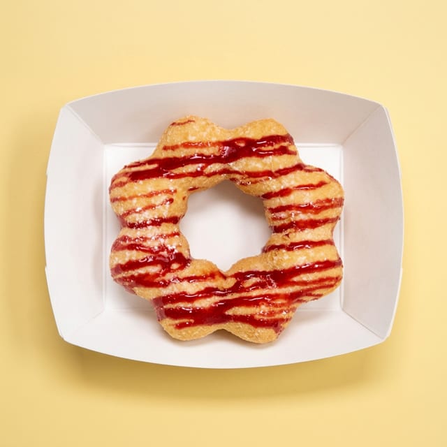 Raspberry Funnel Cake Mochi Donut.